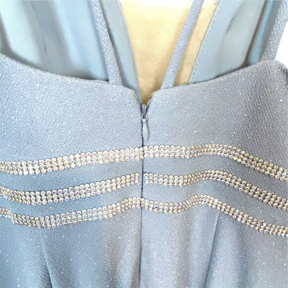 Cachet Evening Gown Dress Prom Blue Deep Plunge Neck Front Slit Formal Size 8 - Picture 5 of 15